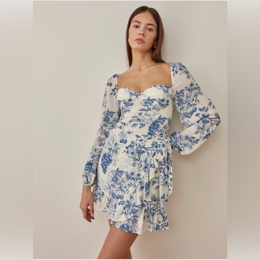 Reformation Blue Floral Print Mini Dress on Cream